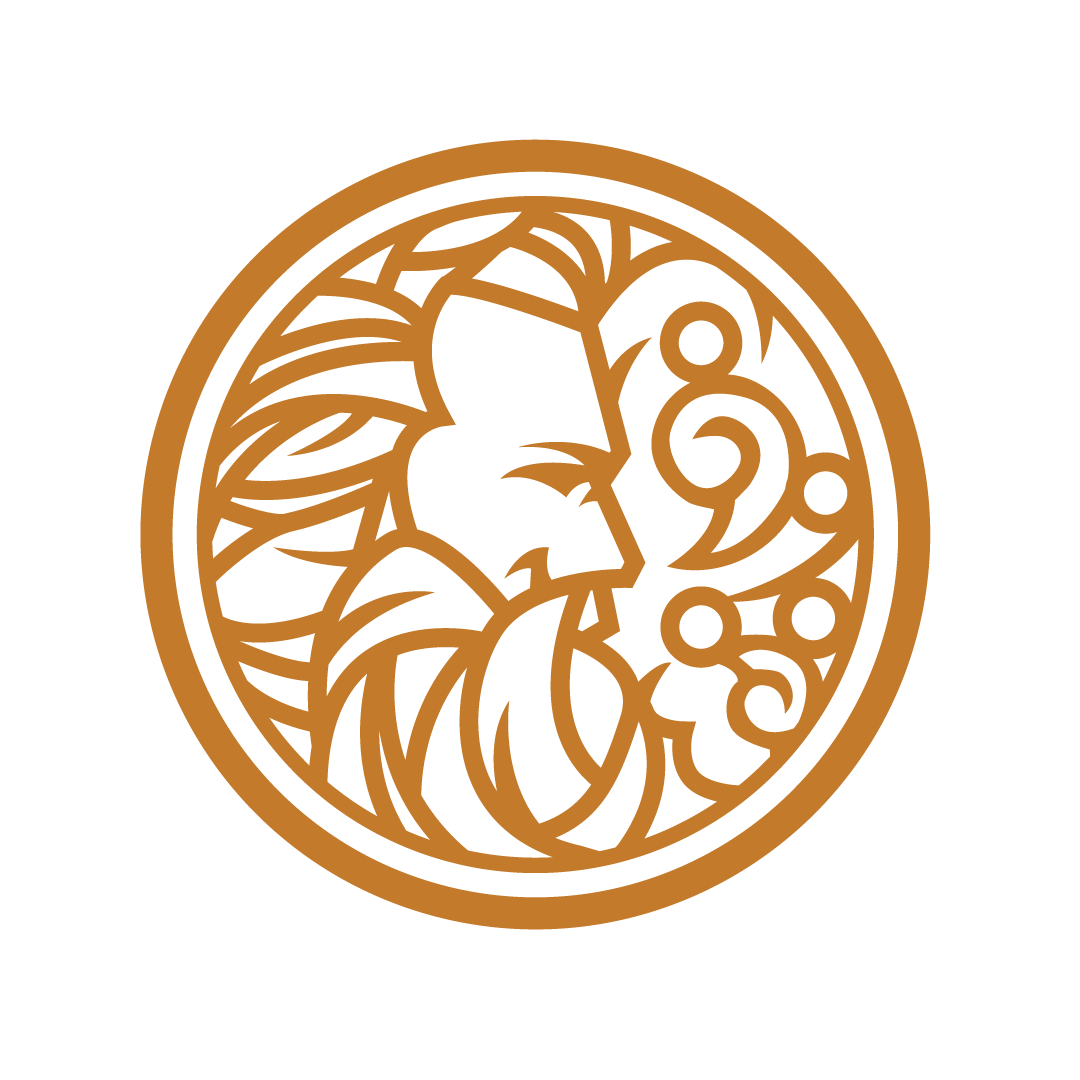 Gold circular Borvo Nutrients logo with stylized bearded figure and flowing waves.