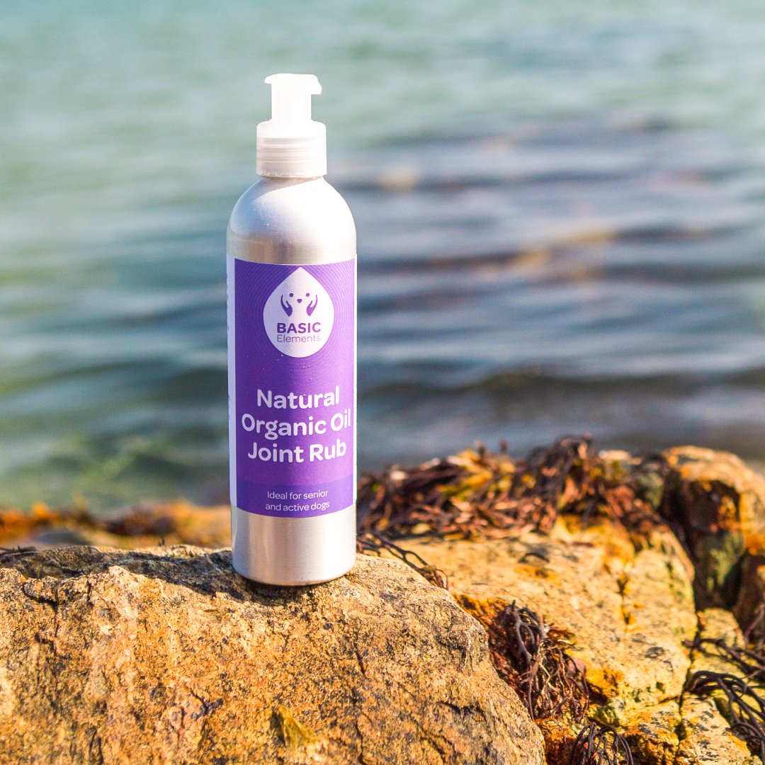 Single Basic Elements Joint Rub bottle resting on seaweed-covered rocks by the water.