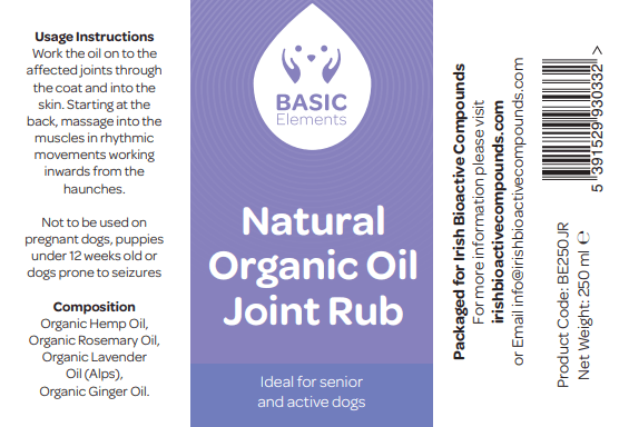 Flat product label for Basic Elements Natural Organic Oil Joint Rub showing usage instructions, organic ingredients, and safety notes for dogs.