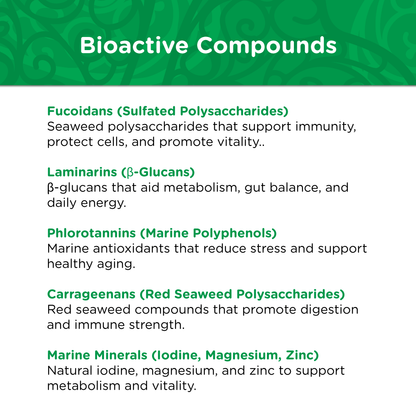 List of key compounds in AC4 including fucoidans, laminarins, phlorotannins, carrageenans, and marine minerals such as iodine, magnesium, and zinc.