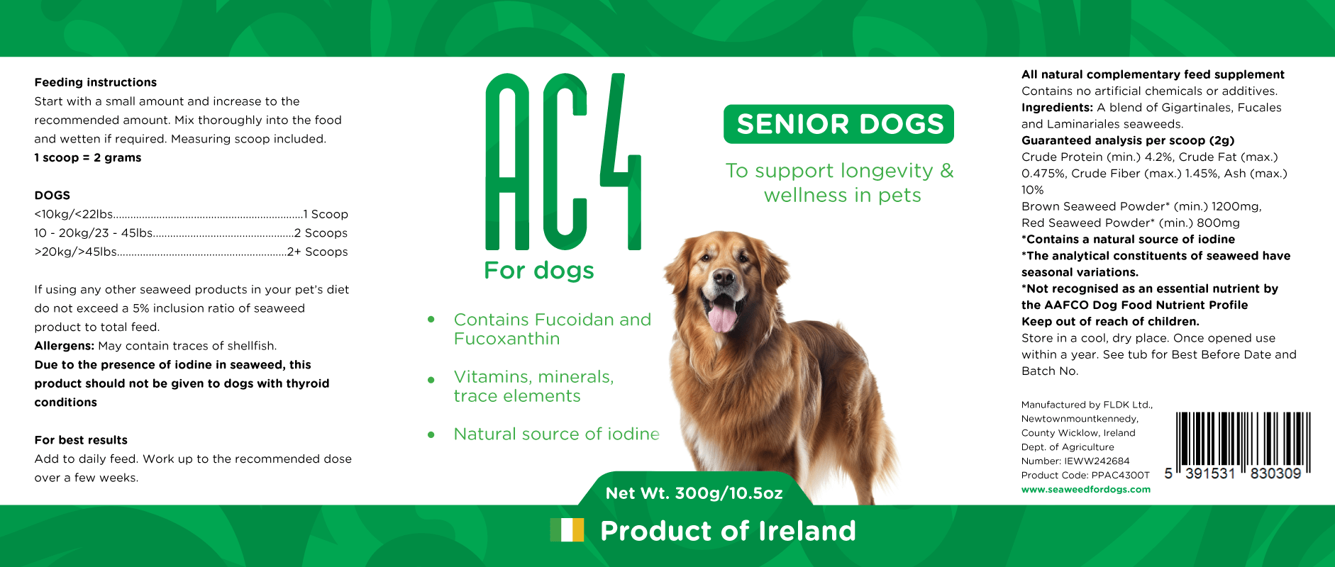 Flat packaging label for AC4 senior dogs showing feeding instructions, ingredient list, guaranteed analysis, and product details. Includes warning for dogs with thyroid conditions.