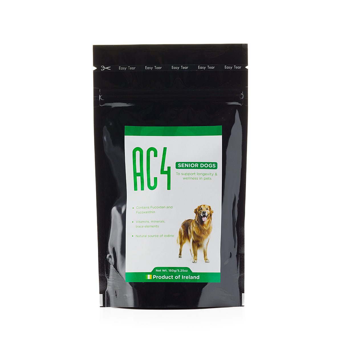 AC4 senior dog supplement in a black stand-up pouch with green and white label showing a golden retriever and text “To support longevity and wellness in pets.”
