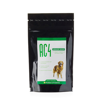 AC4 senior dog supplement in a black stand-up pouch with green and white label showing a golden retriever and text “To support longevity and wellness in pets.”