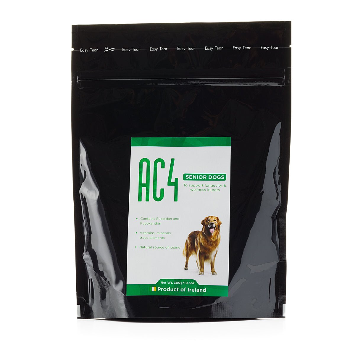 AC4 supplement for senior dogs in a large black stand-up pouch with green and white label. Label includes fucoidan and fucoxanthin content and “Product of Ireland.”