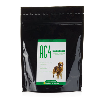 AC4 supplement for senior dogs in a large black stand-up pouch with green and white label. Label includes fucoidan and fucoxanthin content and “Product of Ireland.”
