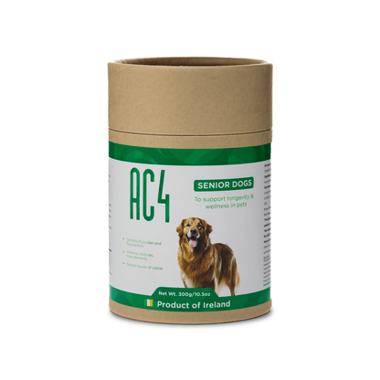 AC4 senior dog supplement in a 300g cardboard tub with green and white label. Text reads “To support longevity and wellness in pets,” and features a golden retriever image with Product of Ireland badge.
