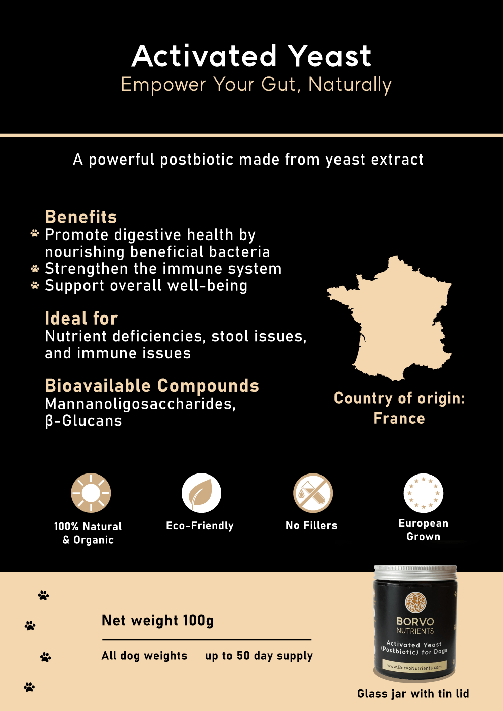 Poster titled ‘Empower Your Gut Naturally’ highlighting Activated Yeast benefits — digestive support, immune strength, and stool balance.