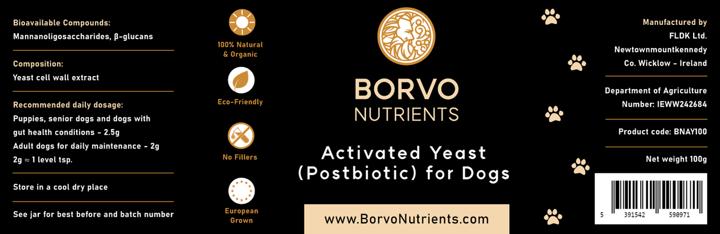 Product label for Borvo Nutrients Activated Yeast Postbiotic — includes dosage, ingredients, eco-friendly icons, and barcode