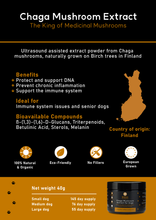 Carica l&#39;immagine nel visualizzatore di Gallery, Borvo Nutrients Chaga Mushroom Extract, describing benefits, ideal use, bioavailable compounds, and the country of origin, Finland. Includes supply duration for different dog sizes.