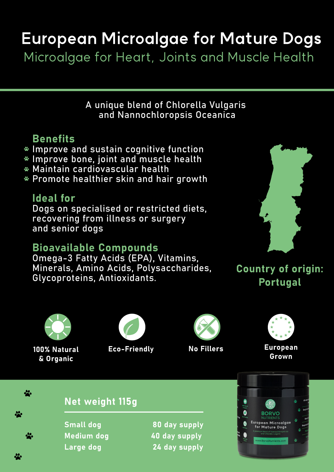 Borvo Nutrients European Microalgae for Mature Dogs, explaining benefits, ideal use, bioavailable compounds, and the country of origin, Portugal. Includes supply duration for different dog sizes.