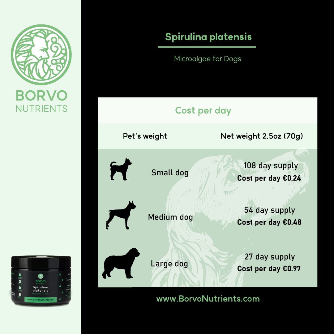 Cost per day and product longevity breakdown for spirulina for small, medium and large dogs 