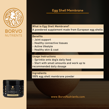 Load image into Gallery viewer, Borvo Nutrients Egg Shell Membrane, describing what it is, its benefits, usage instructions, and ingredients.