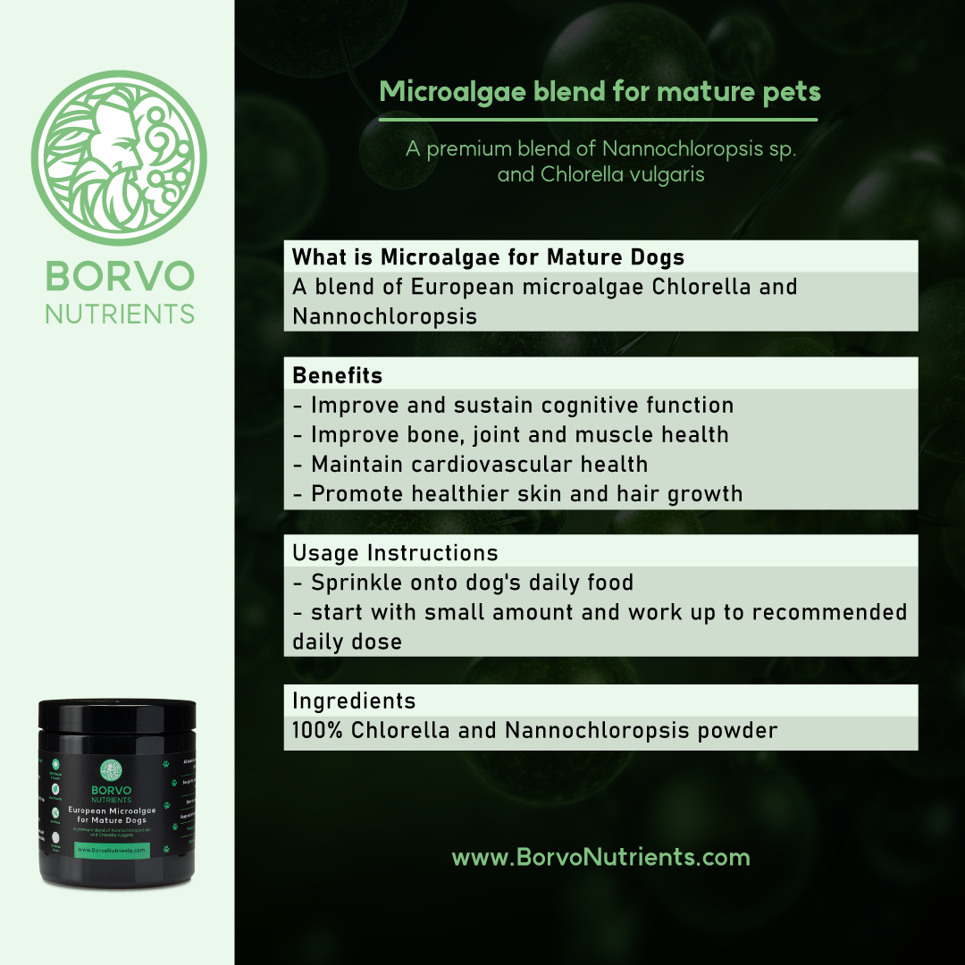 Borvo Nutrients Microalgae blend for mature pets, highlighting what it is, its benefits, usage instructions, and ingredients.Borvo Nutrients Spirulina Platensis, explaining what it is, its benefits, usage instructions, and ingredients.