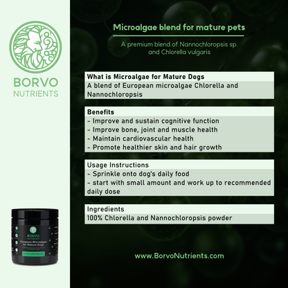 Borvo Nutrients Microalgae blend for mature pets, highlighting what it is, its benefits, usage instructions, and ingredients.Borvo Nutrients Spirulina Platensis, explaining what it is, its benefits, usage instructions, and ingredients.