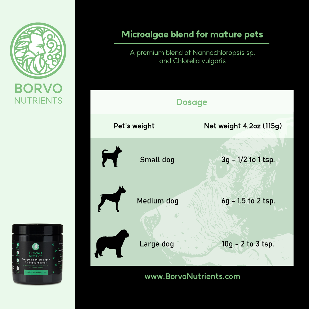 Borvo Nutrients Microalgae blend for mature pets, detailing dosage instructions for small, medium, and large dogs.Borvo Nutrients Spirulina Platensis, detailing dosage instructions for small, medium, and large dogs based on a net weight of 2.5oz (70g).