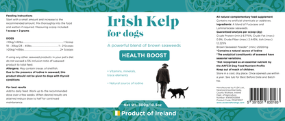 Product label showing full feeding instructions, ingredients, analysis, and usage warnings for Irish Kelp for Dogs.