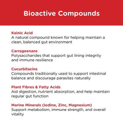 Includes kainic acid, carrageenans, cucurbitacins, plant fibers, fatty acids, and marine minerals (iodine, zinc, magnesium) for gut and immune support.