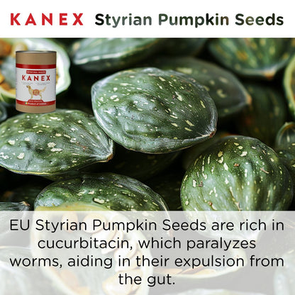 EU-grown Styrian pumpkin seeds provide natural cucurbitacin compounds that help paralyze and expel gut worms.