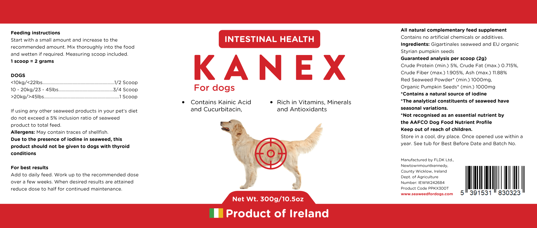 Kanex Intestinal Health for Dogs — includes feeding instructions, guaranteed analysis, and composition details (red seaweed and pumpkin seed).