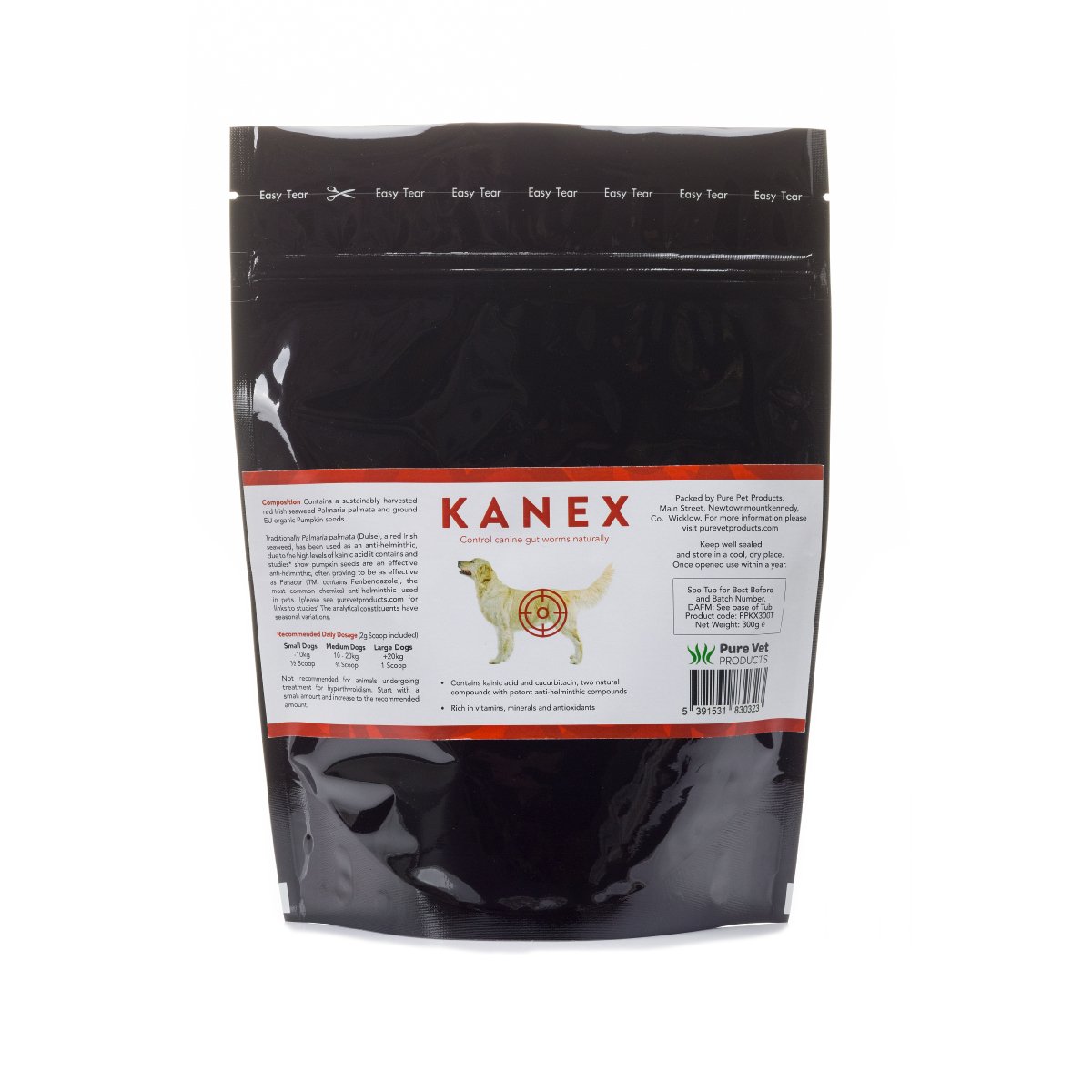 Kanex Intestinal Health for Dogs in stand-up pouch format — seaweed and pumpkin seed formula, ideal for regular use.