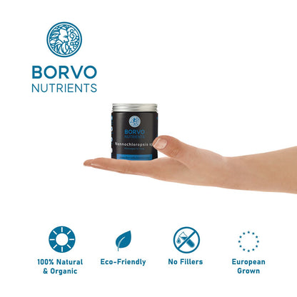 Borvo Nutrients Nannochloropsis sp. — compact eco-friendly glass jar, 100% natural, organic, and European grown
