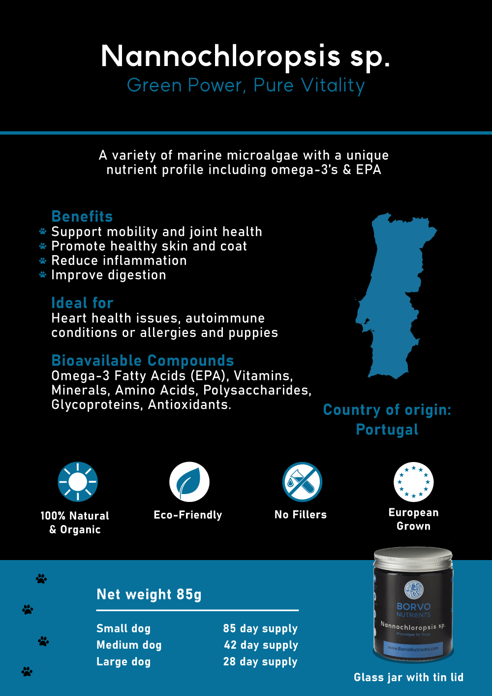 Borvo Nutrients Nannochloropsis sp. — rich in omega-3 (EPA), amino acids, and antioxidants for dogs’ vitality