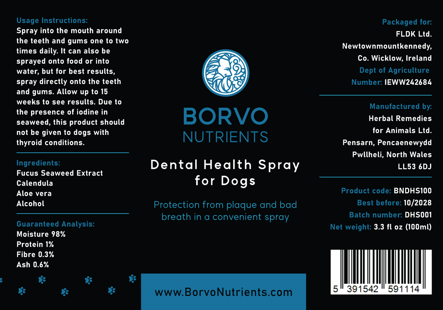 Label design for Borvo Nutrients Dental Health Spray for Dogs showing ingredients like seaweed extract, aloe vera, and calendula for plaque and breath control.