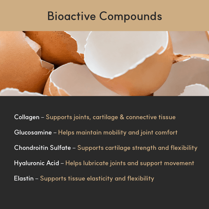 Eggshells with text about bioactive compounds and their functions.