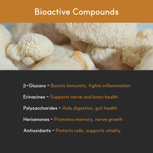 Load image into Gallery viewer, List of Lion’s Mane bioactive compounds and benefits: beta-glucans, erinacines, polysaccharides, hericenones, and antioxidants