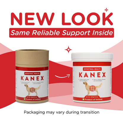 Two versions of a Kanex product container with text indicating a new look and reliable support inside.