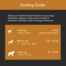 Load image into Gallery viewer, Feeding guide for Shiitake extract by dog size with doses in grams and teaspoons.