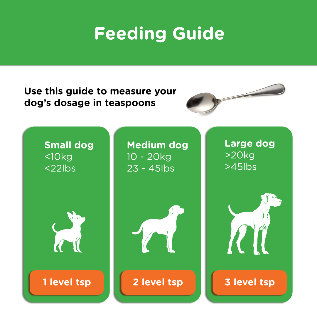 Feeding guide showing Stoolrite dosage by dog size in teaspoons: 1 tsp for small, 2 for medium, 3 for large dogs