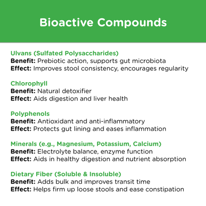 List of key bioactive compounds in Stoolrite, including ulvans, chlorophyll, polyphenols, minerals, and fiber, with their digestive benefits