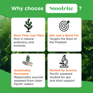 Reasons to choose Stoolrite: more than fibre, targets root cause, sustainably harvested seaweed, and backed by science